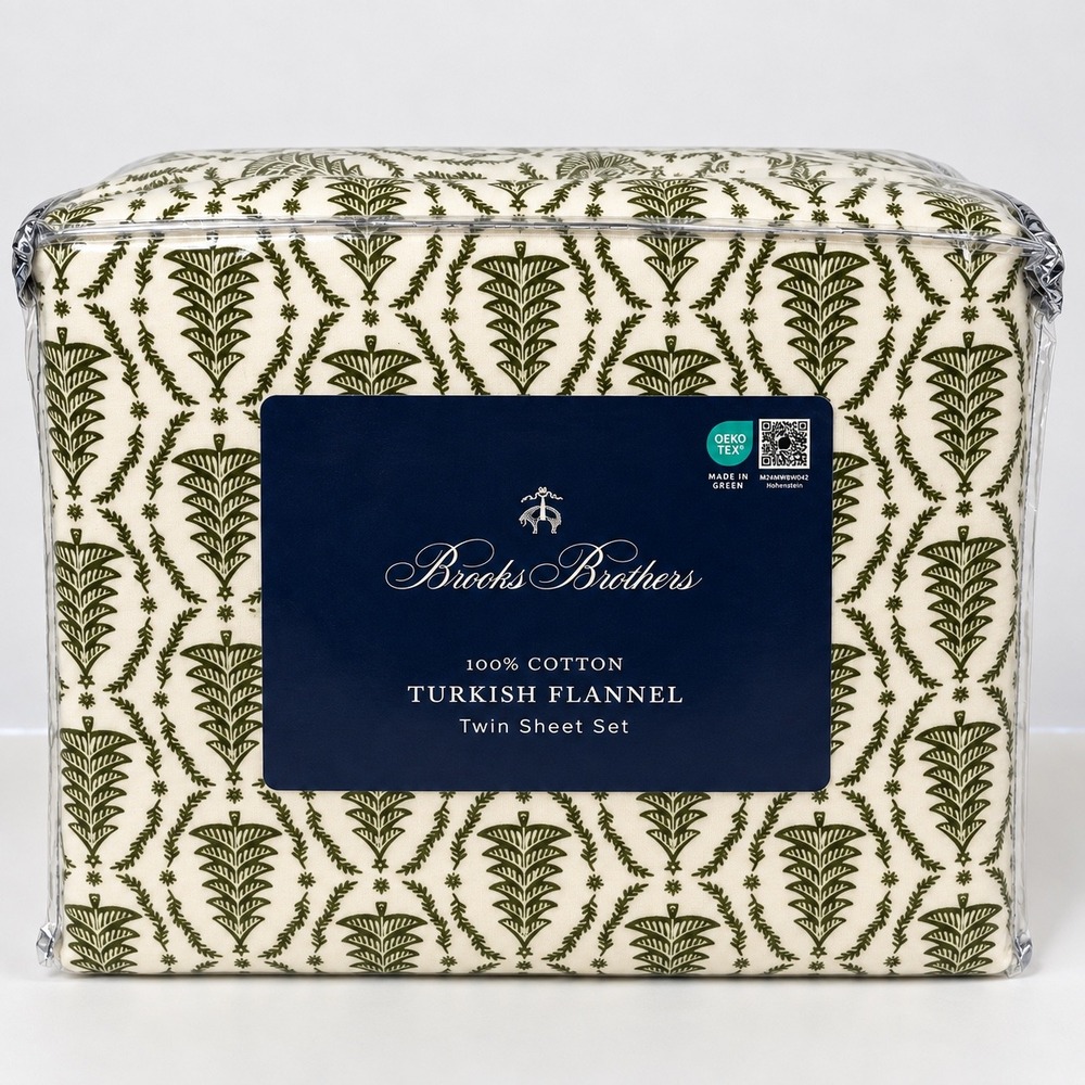 Brooks Brothers Twin Sheet Set 100% Cotton Turkish Flannel Green Christmas Tree